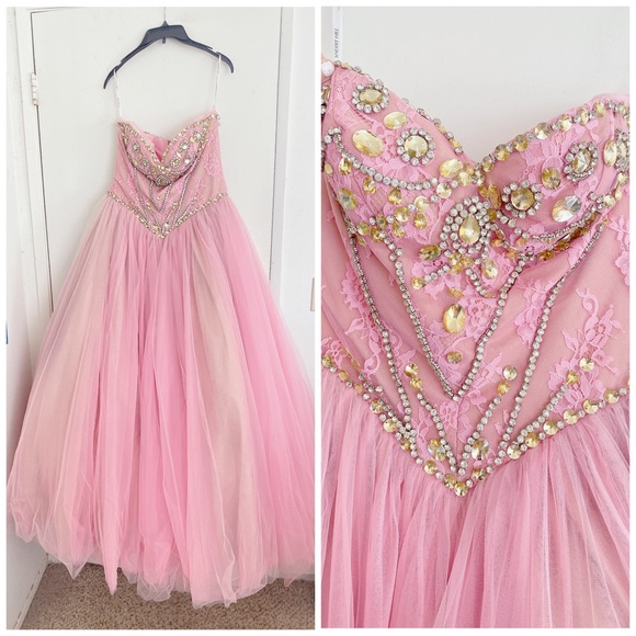 PINK BLUSH SOFT CRYSTAL LACE SHERRI HILL PRINCESS WEDDING PROM BALLGOWN SIZE 12 - Picture 1 of 16
